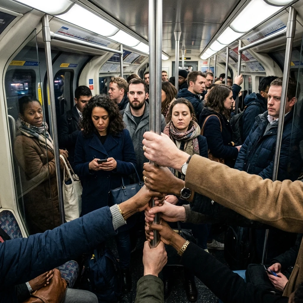 A subway car at rush hour shot on a 24mm from a corner seat