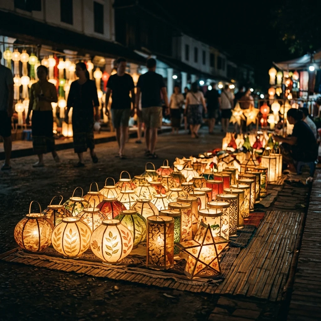 Glowing paper lanterns at a night market