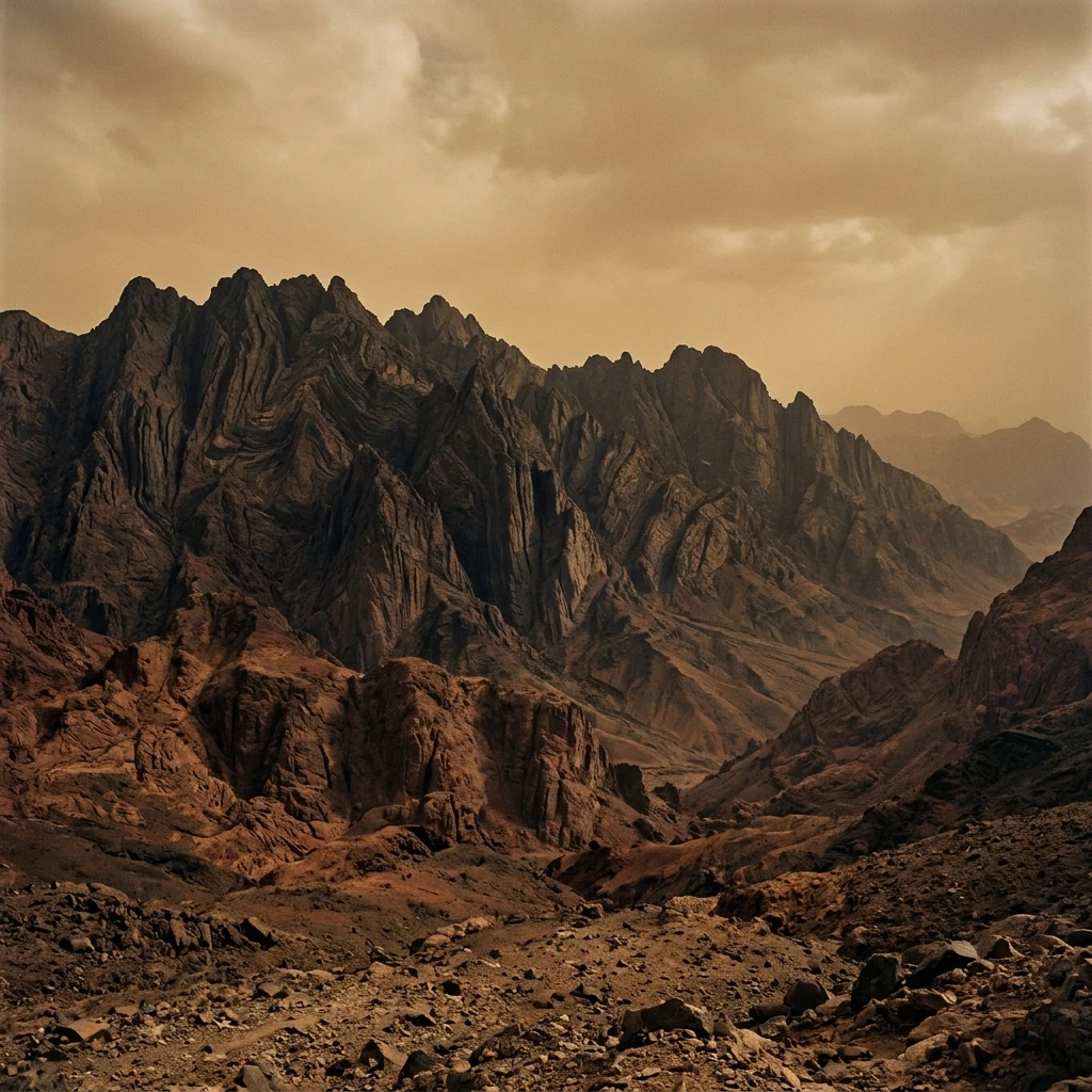 Rugged mountains under a hazy sky