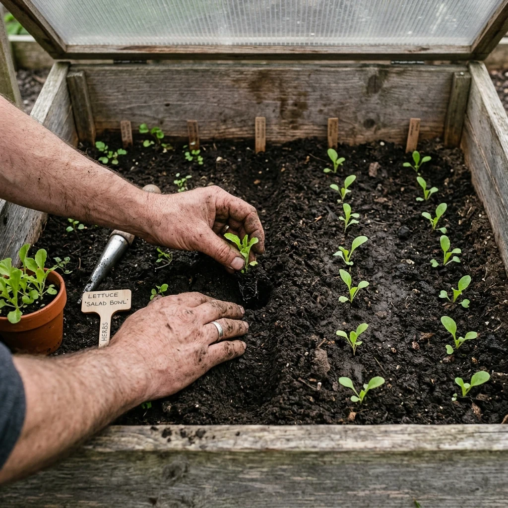 A gardener transplanting seedlings into a cold frame