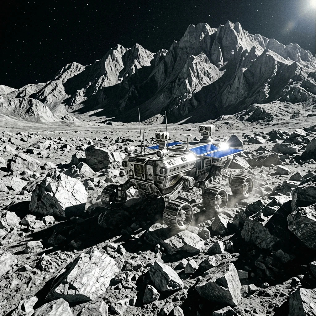 A robotic Mercury rover traversing a boulder field at the foot of Caloris Montes