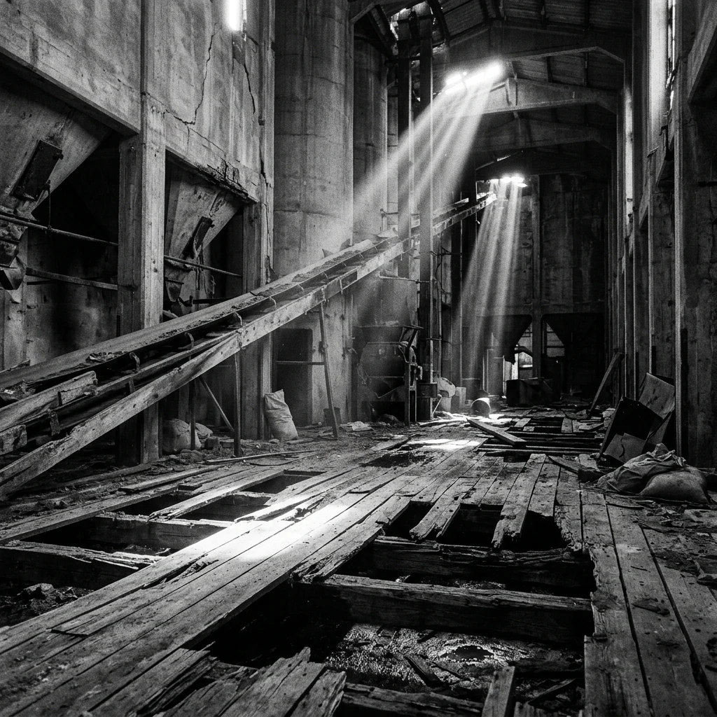 An empty silomill interior with rotting floorboards