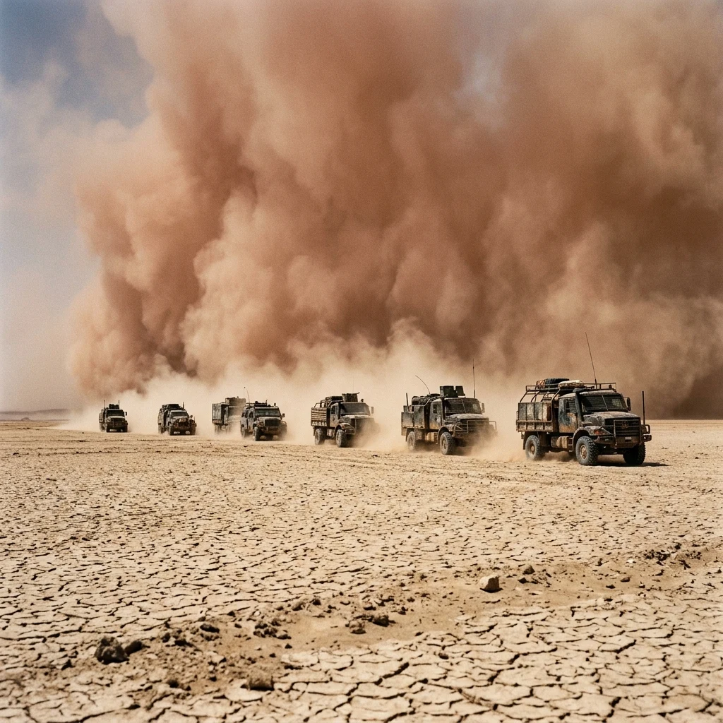 A convoy of welded and armored trucks crossing a dry lakebed