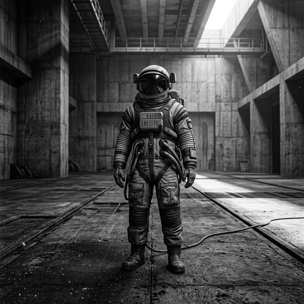 A retro-futuristic Soviet space suit with thick padded canvas