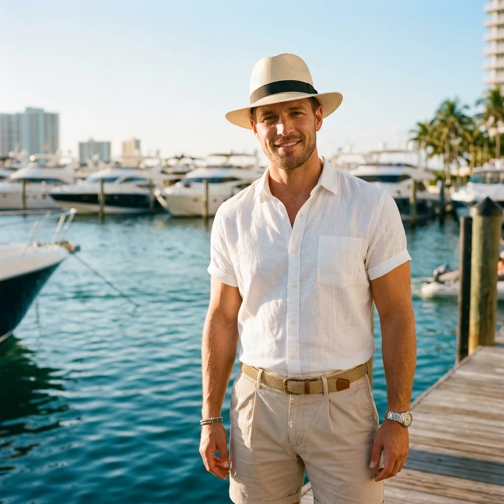 Person in summer attire at a marina