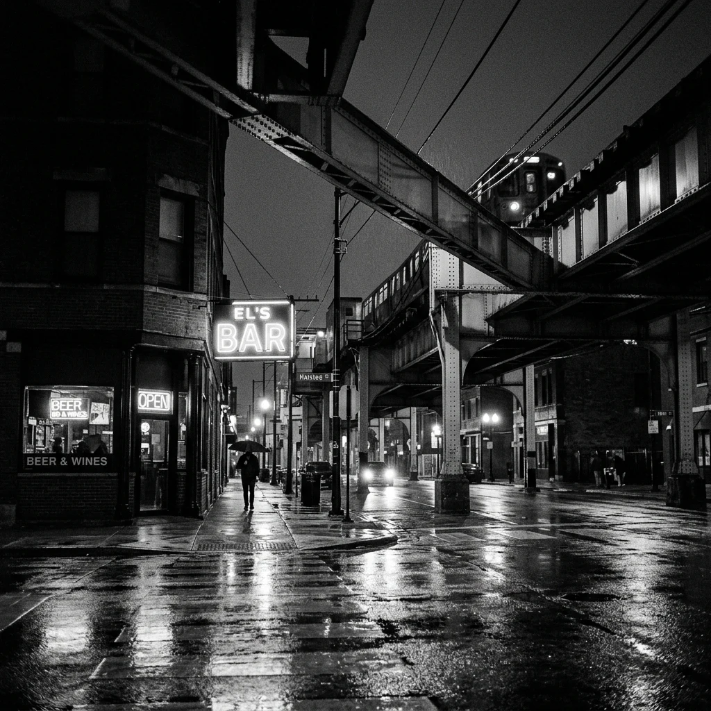 Rainy city street under elevated train tracks