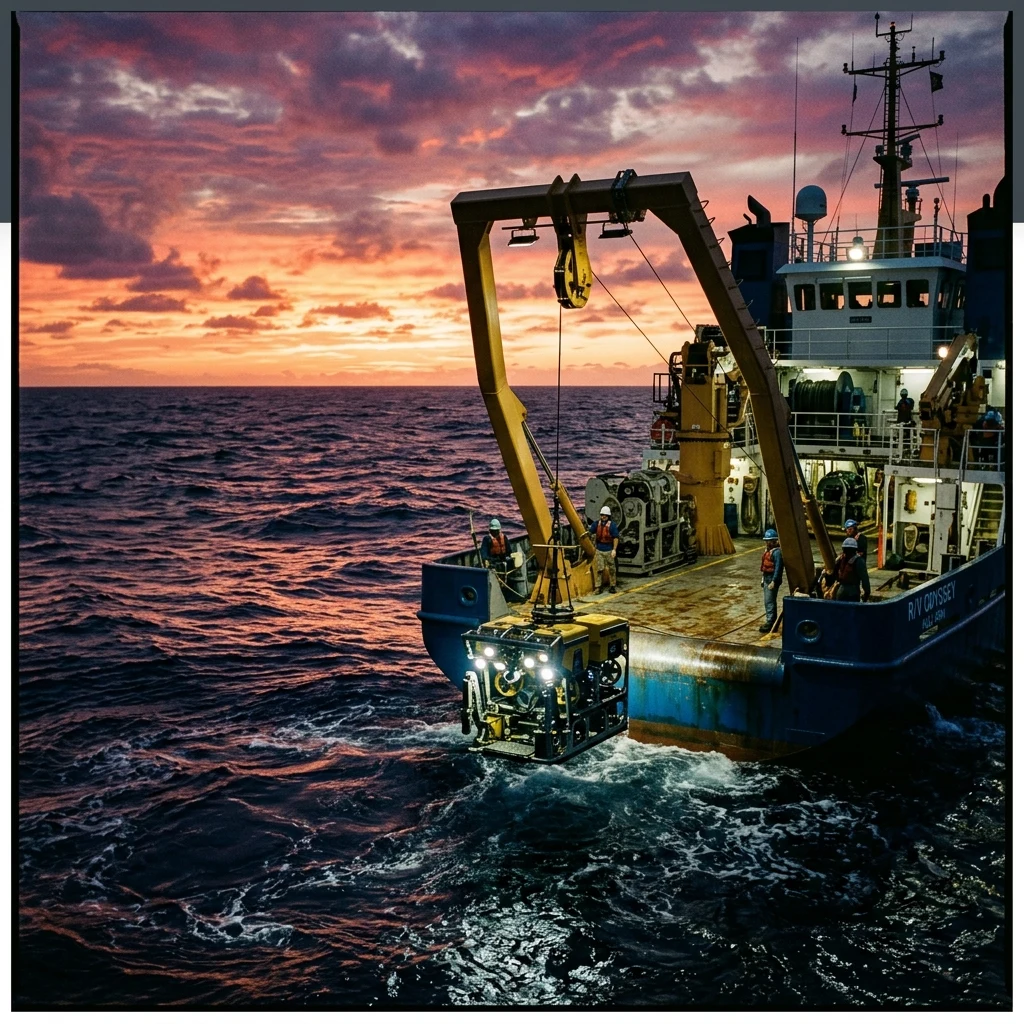 A scientific research vessel floating above the Mid-Atlantic Ridge at sunset