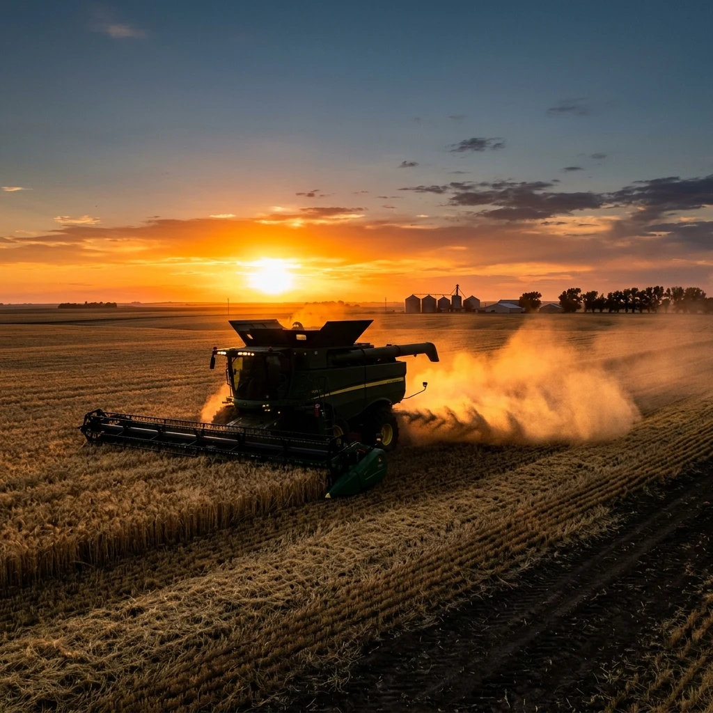 A combine harvester working an endless Kansas wheat field at dusk