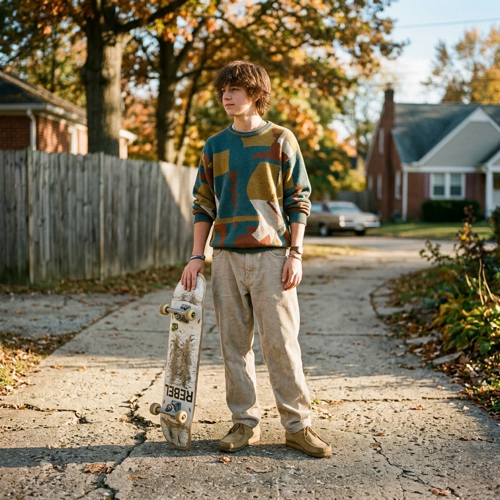 Skater standing on a quiet suburban street