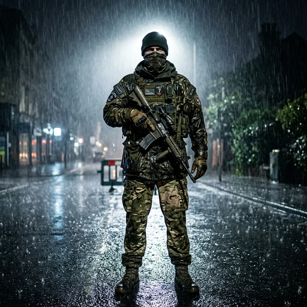 Person standing in the rain at night