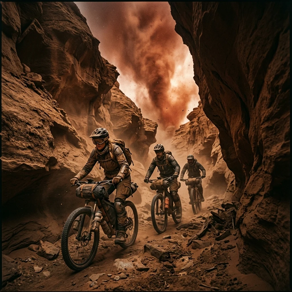 A group of mountain bike scouts in leather padding and dust goggles navigating a narrow…