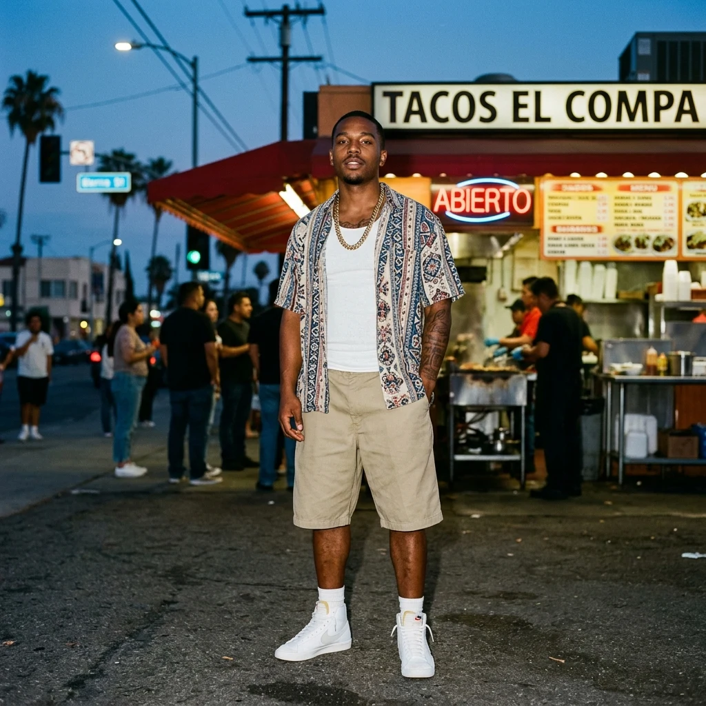 Streetwear lookbook on a city street at night