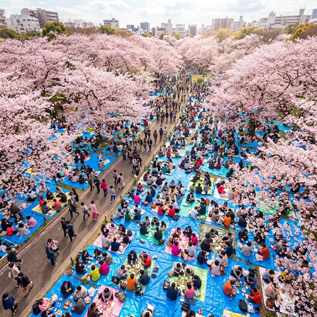 Cherry blossom picnic crowds on blue tarps in a city park