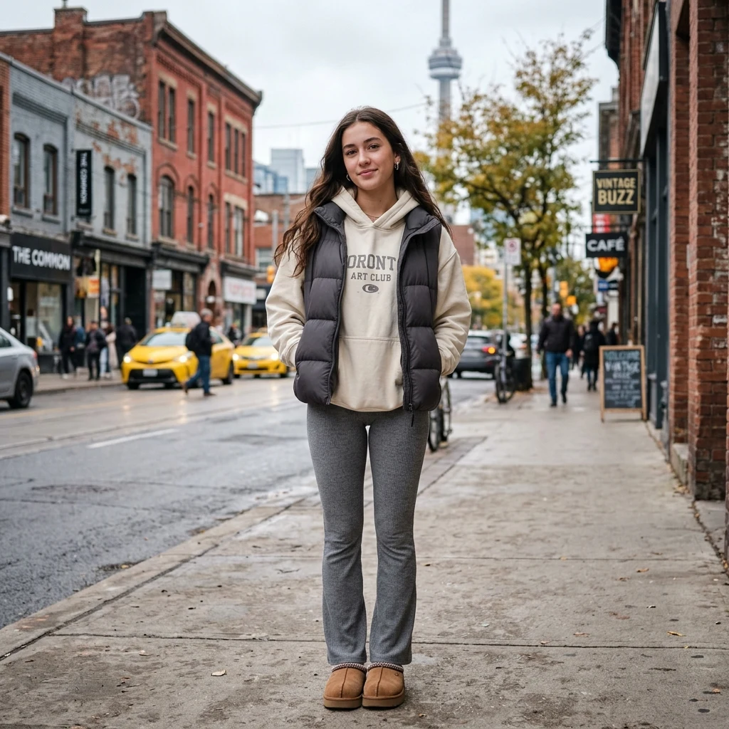 Casual street style on a city sidewalk