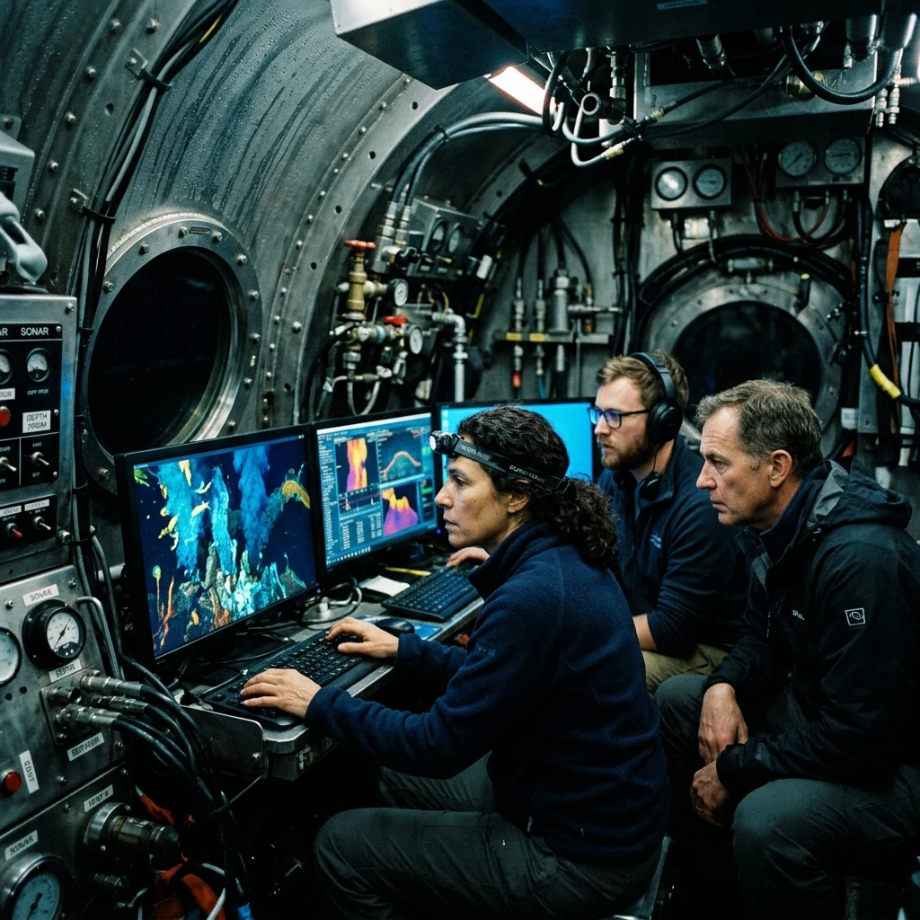 A deep-sea research team inside a titanium pressure sphere