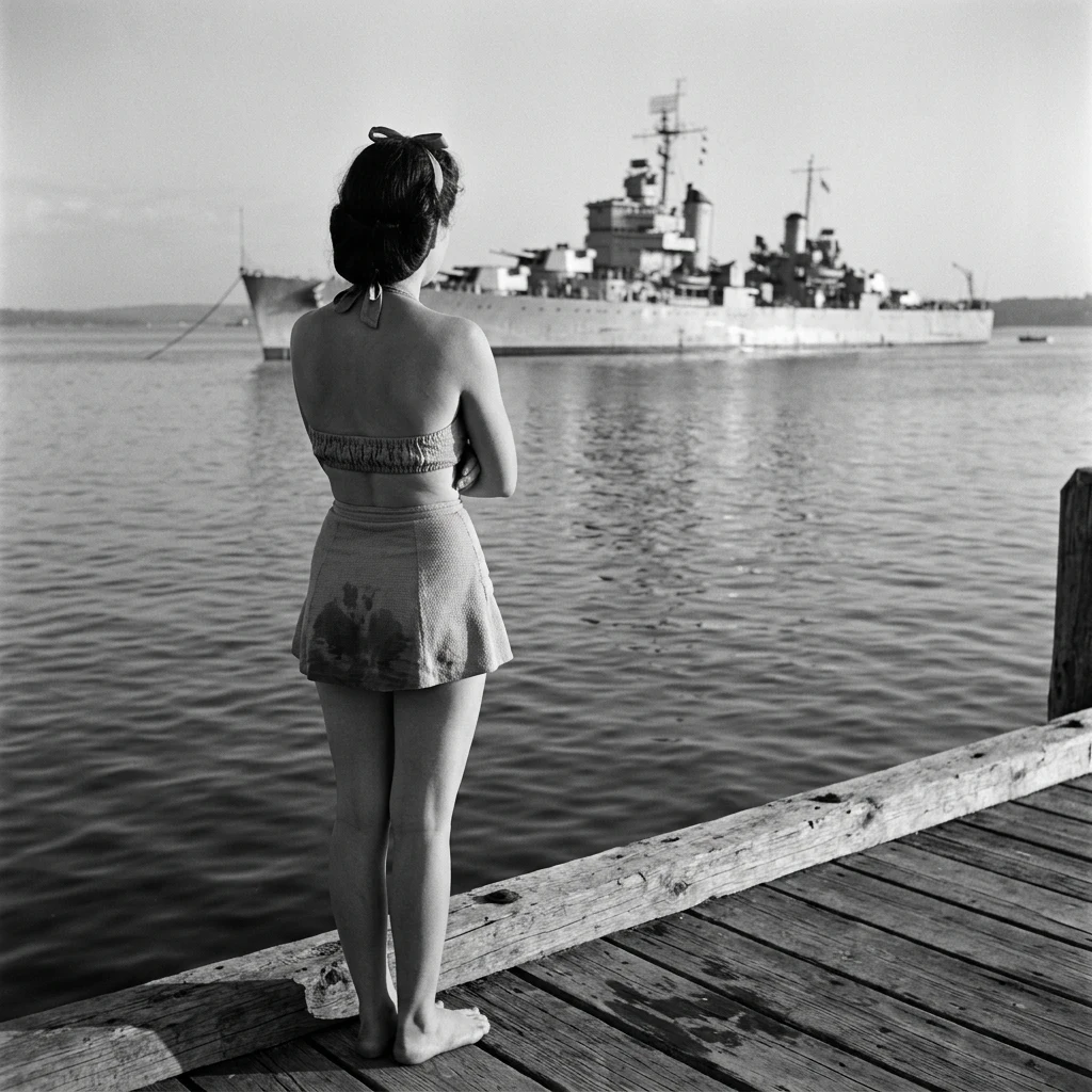 A 1940s two-piece high-waisted cotton swimsuit with a ruching bodice and skirt-bottom