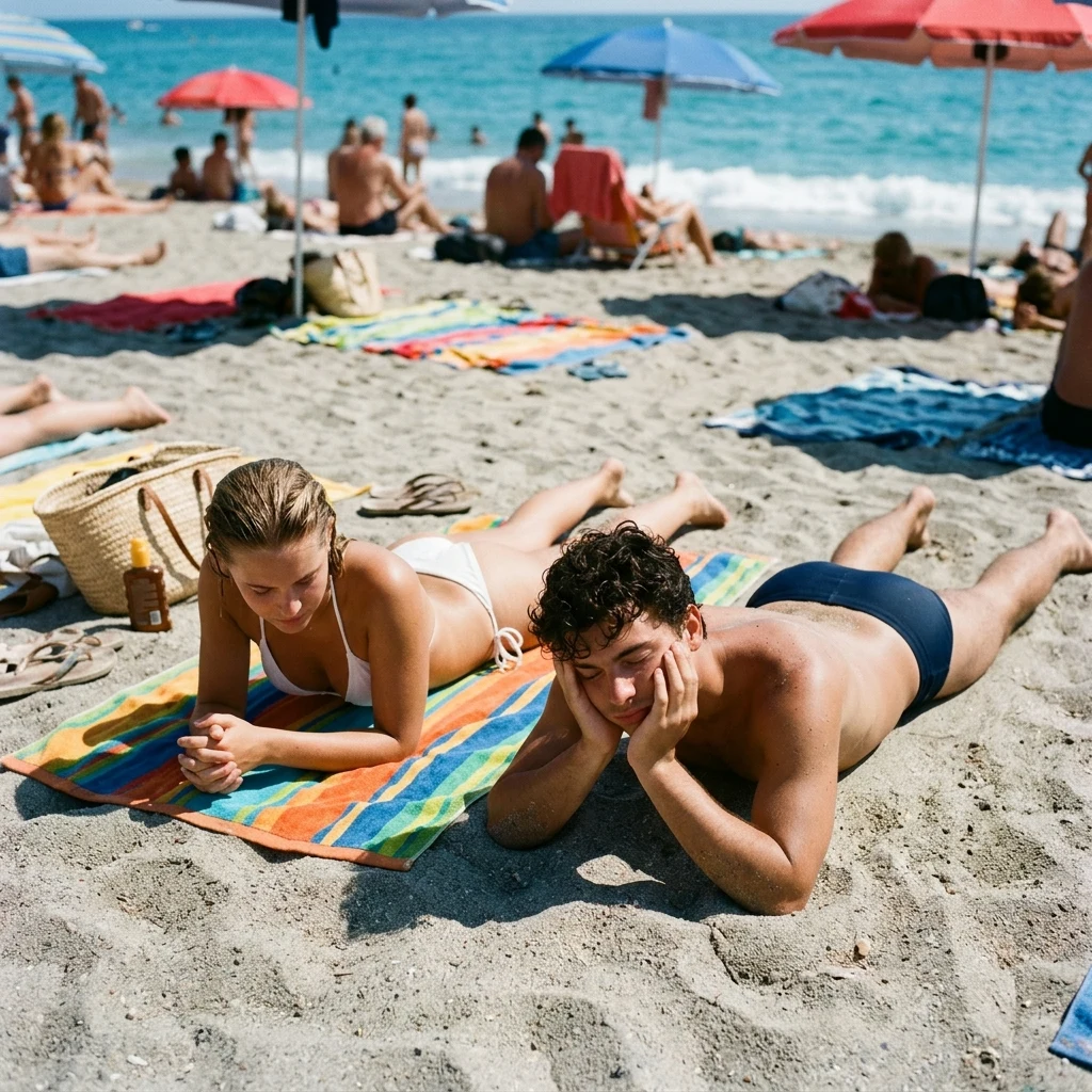 Sunbathing: A 19-year-old young woman in a minimal white string bikini lying face-down on…