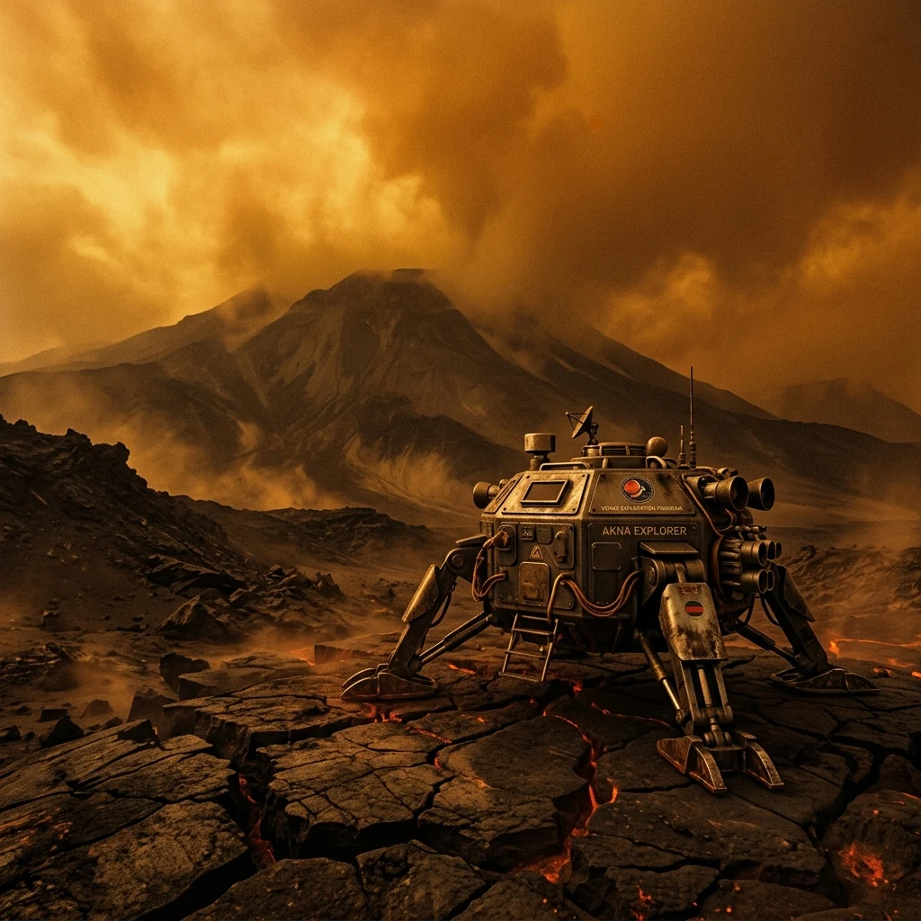 Space probe landing on a volcanic planet
