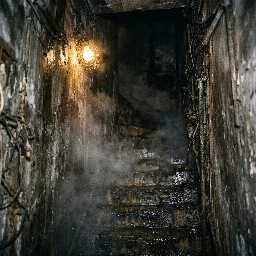 A wet, narrow stairwell deep inside Kowloon Walled City at night, steam rising from a…