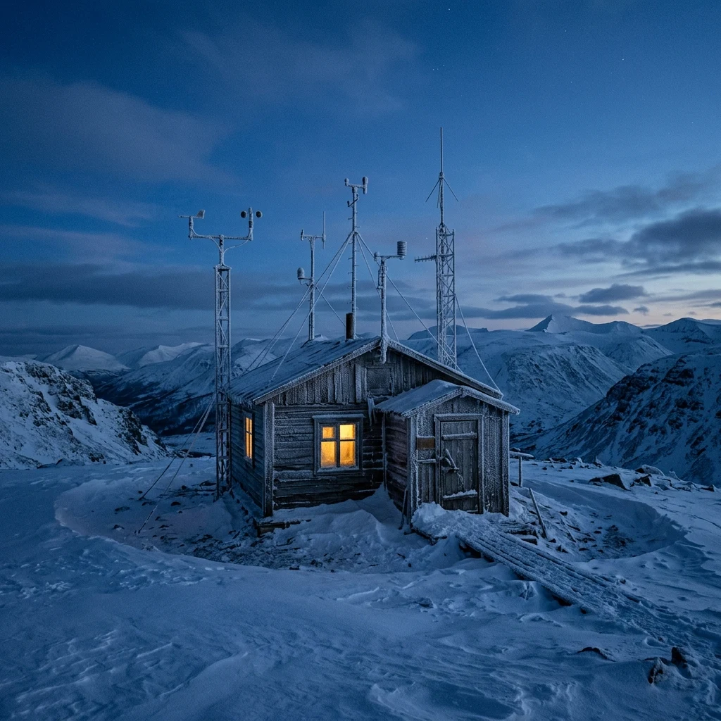Icy weather station at twilight