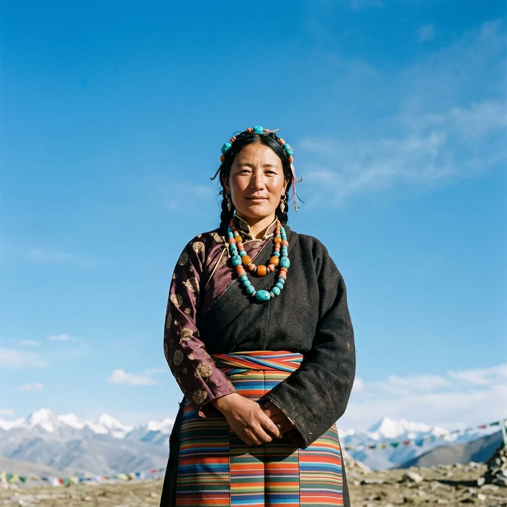 A Tibetan woman wearing a dark wool chuba dress over a silk blouse
