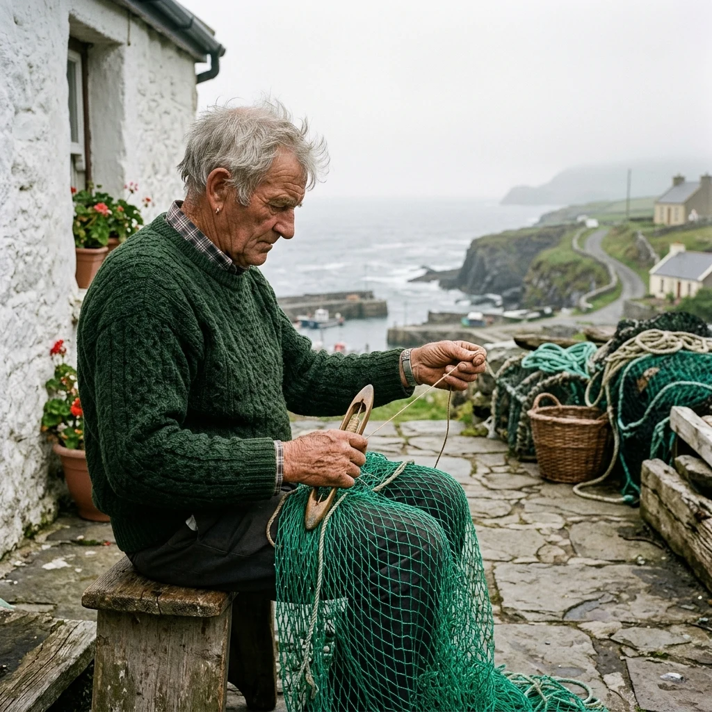 An elderly fisherman repairing a nylon net outside a whitewashed coastal cottage in Port…