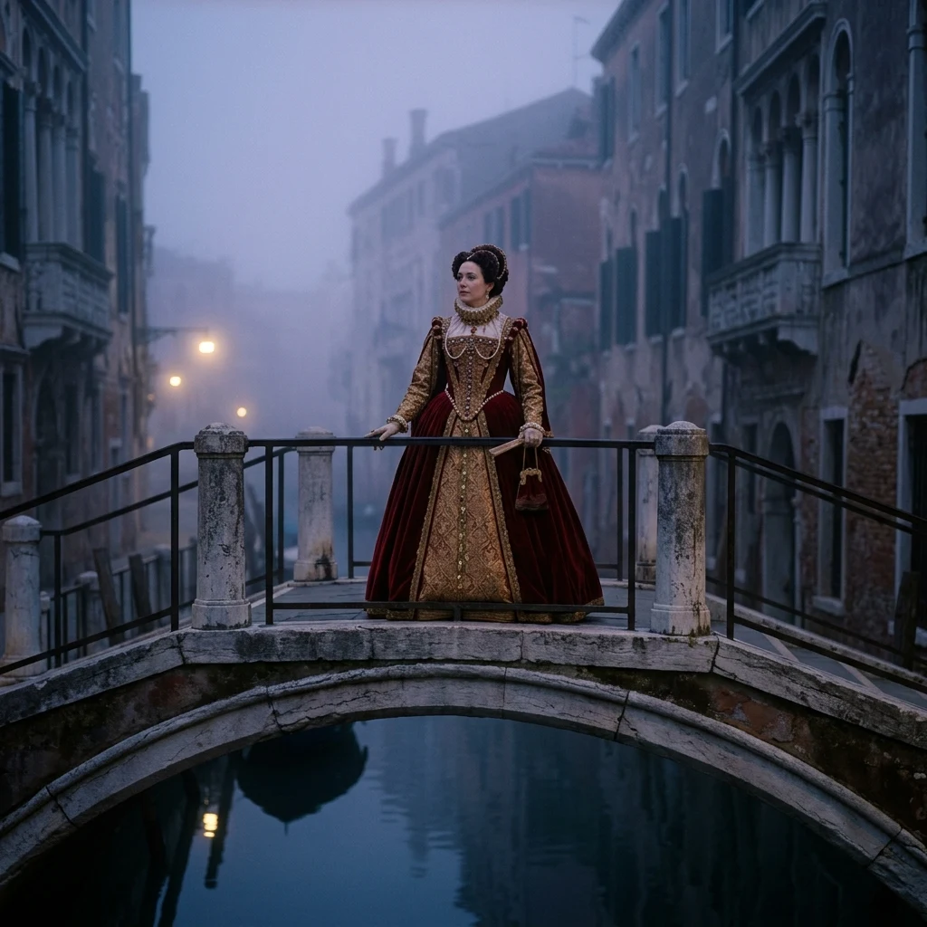 A model in an opulent brocade and velvet Elizabethan-inspired gown