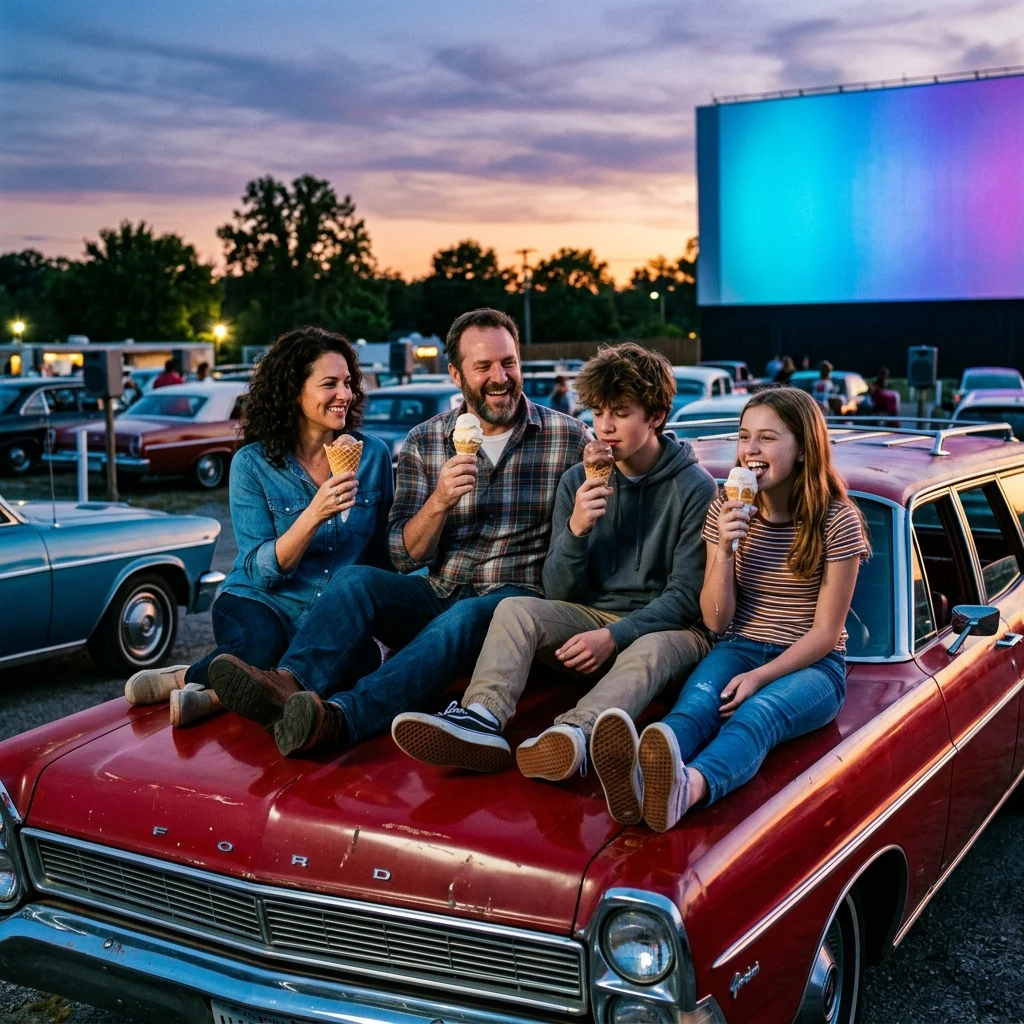 A family with two teenage kids eating ice cream on the hood of their vintage station…