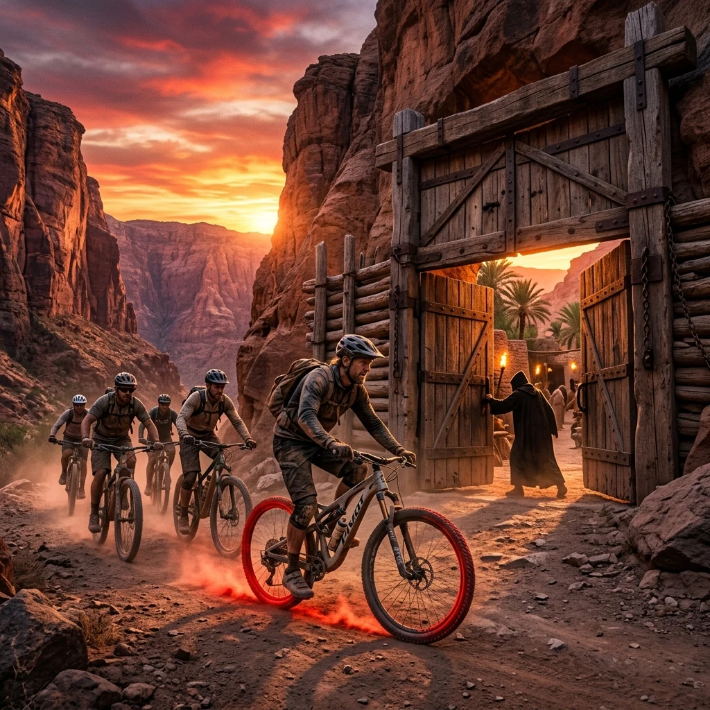 A mountain bike patrol returning to a hidden oasis village at dusk