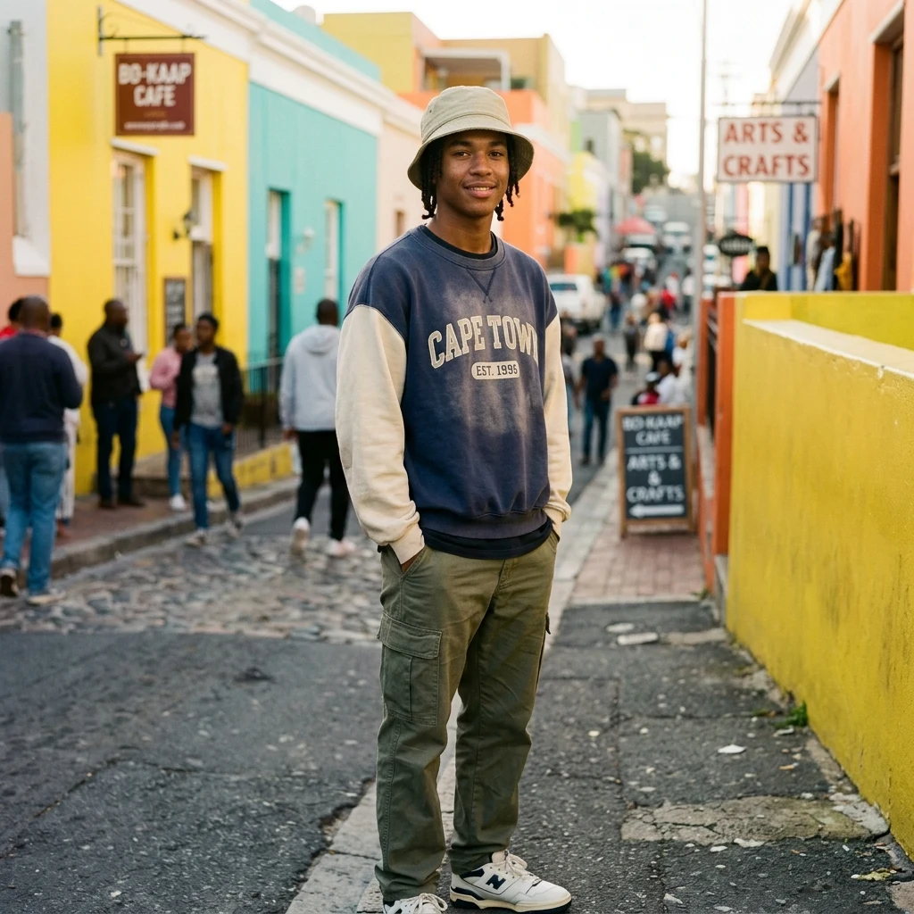 Casual collegiate style on a vibrant city street