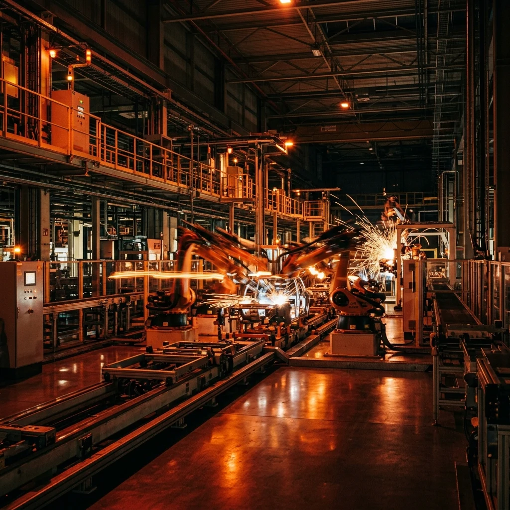 A fully automated factory floor with no humans present