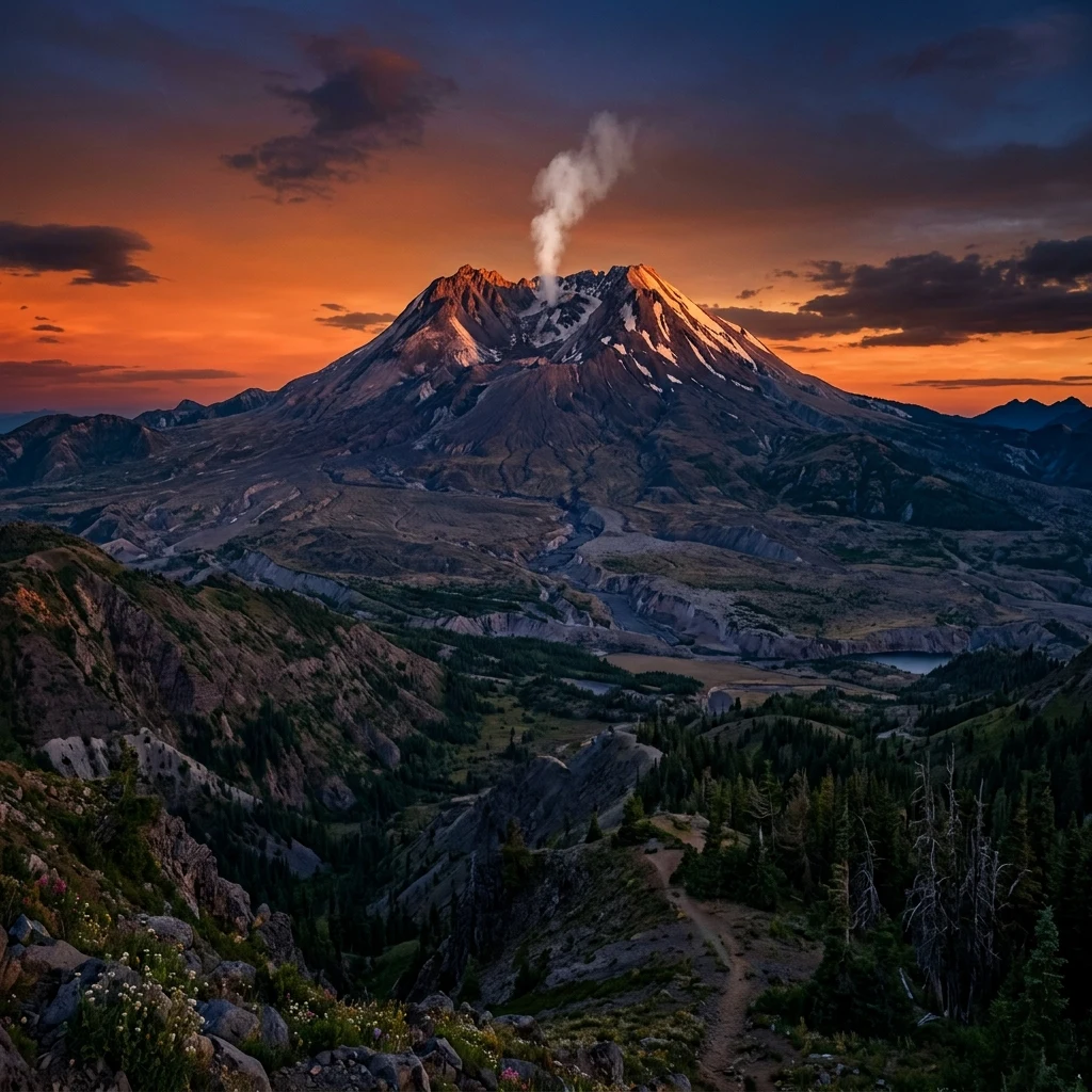 Epic landscape of Mount St. Helens in the Cascade Range at twilight