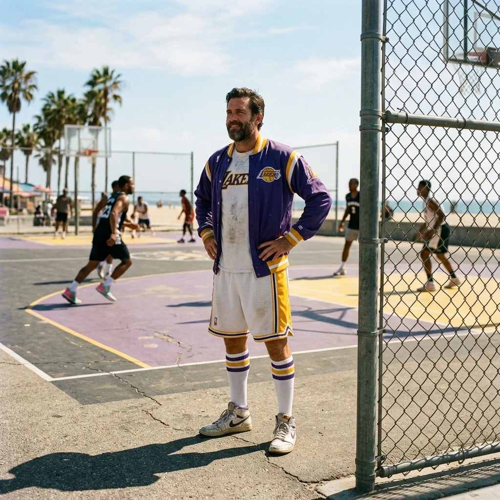 A man in a vintage Lakers warmup jacket