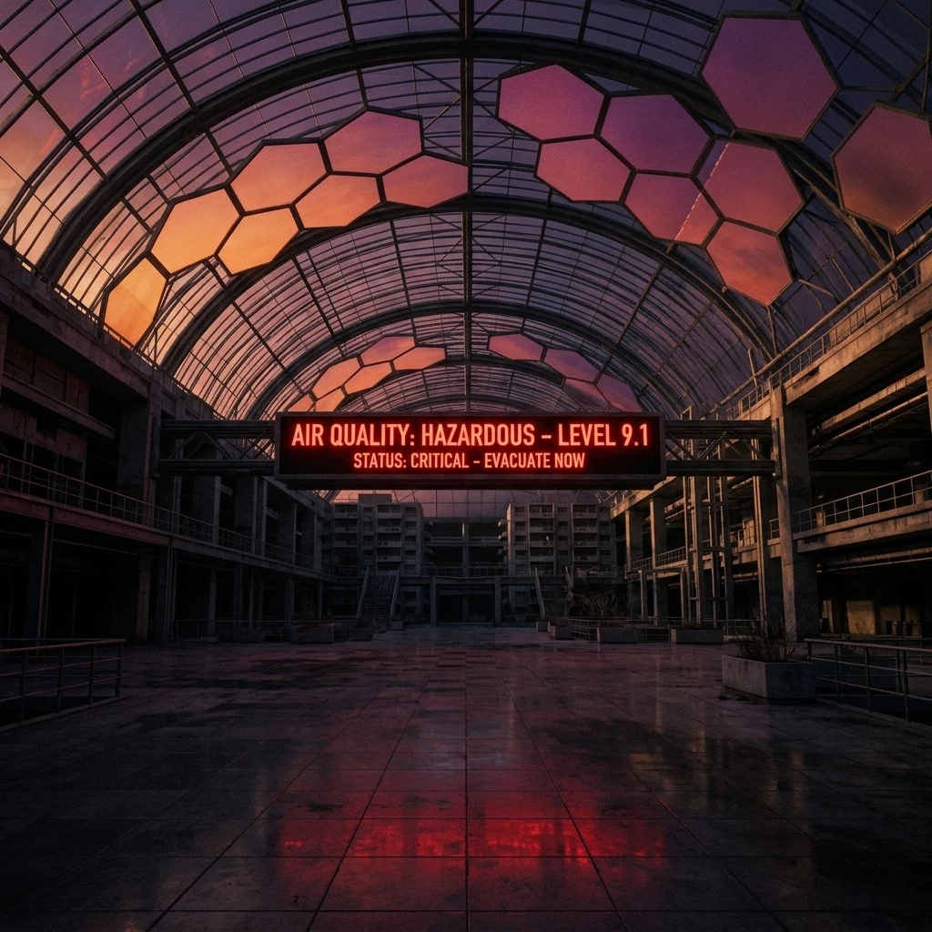 The interior of a sealed dome habitat at simulated sunset