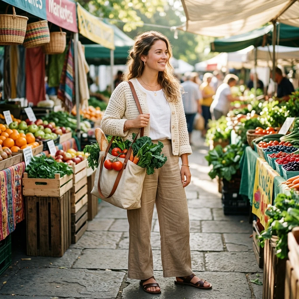 A woman in a crochet cardigan