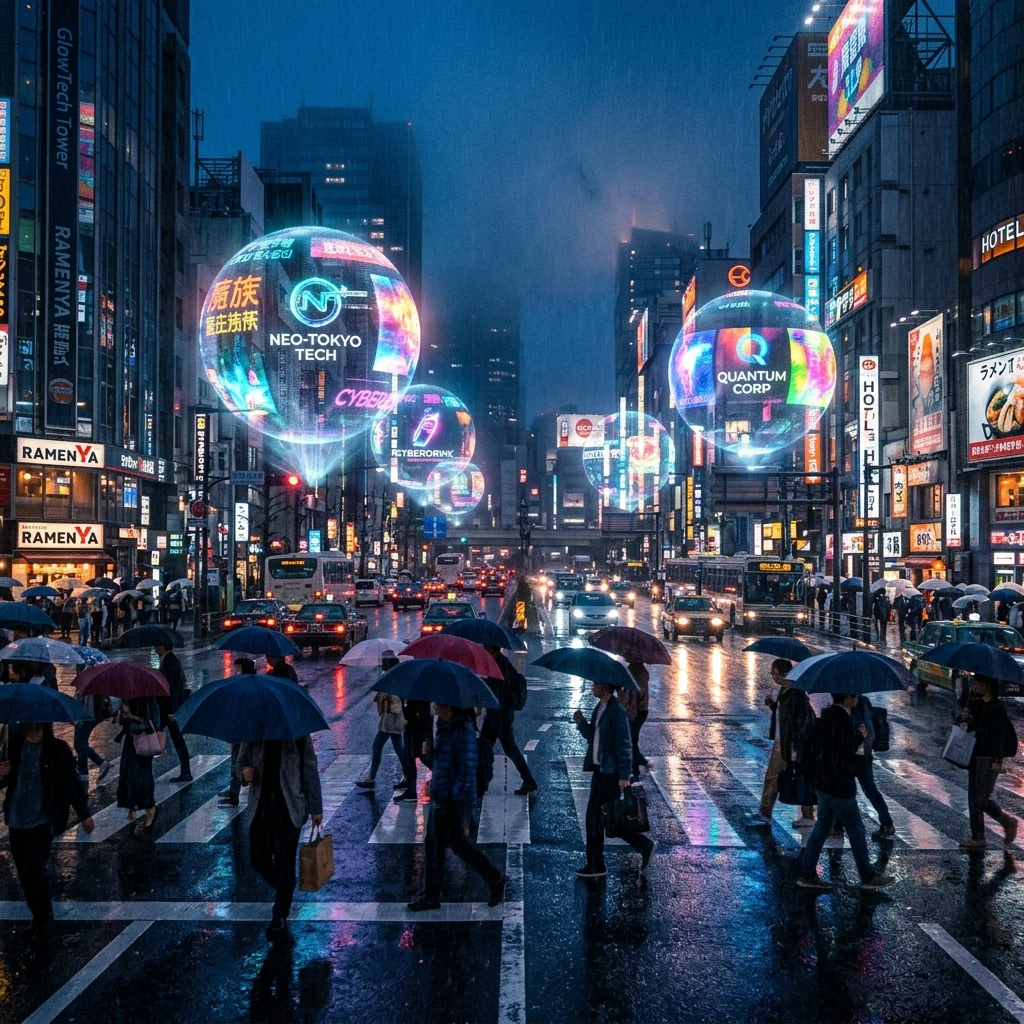 Commuters walking through a rainy neon city intersection