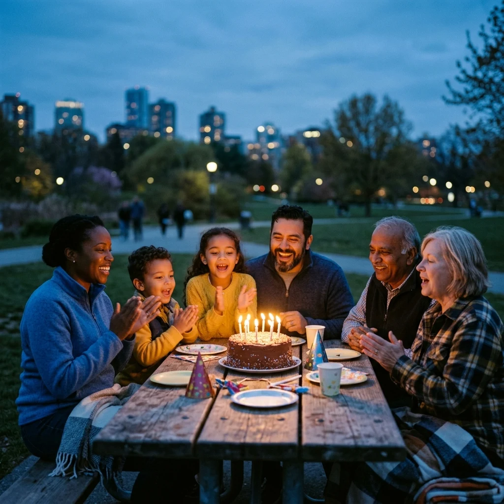 A family celebrating a child's birthday at a crowded picnic table in a park