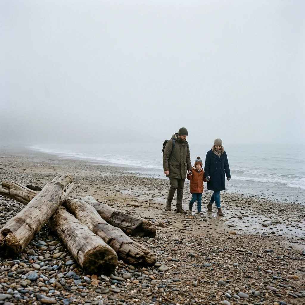 Family walking along a misty beach