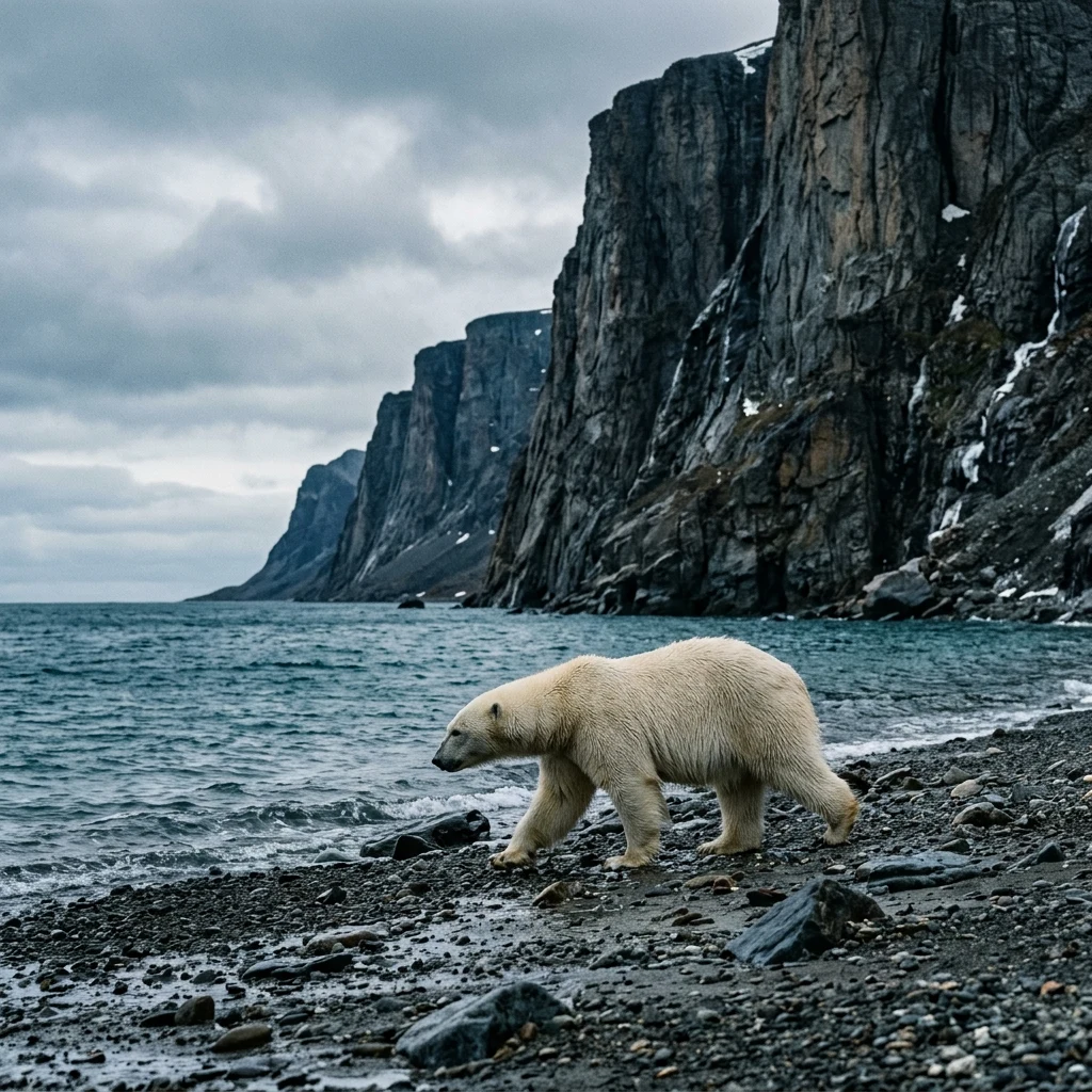 Polar bear walking on a rocky beach