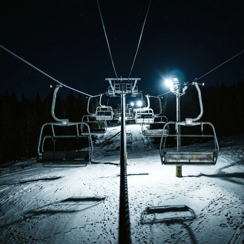 An empty chairlift at night under floodlights