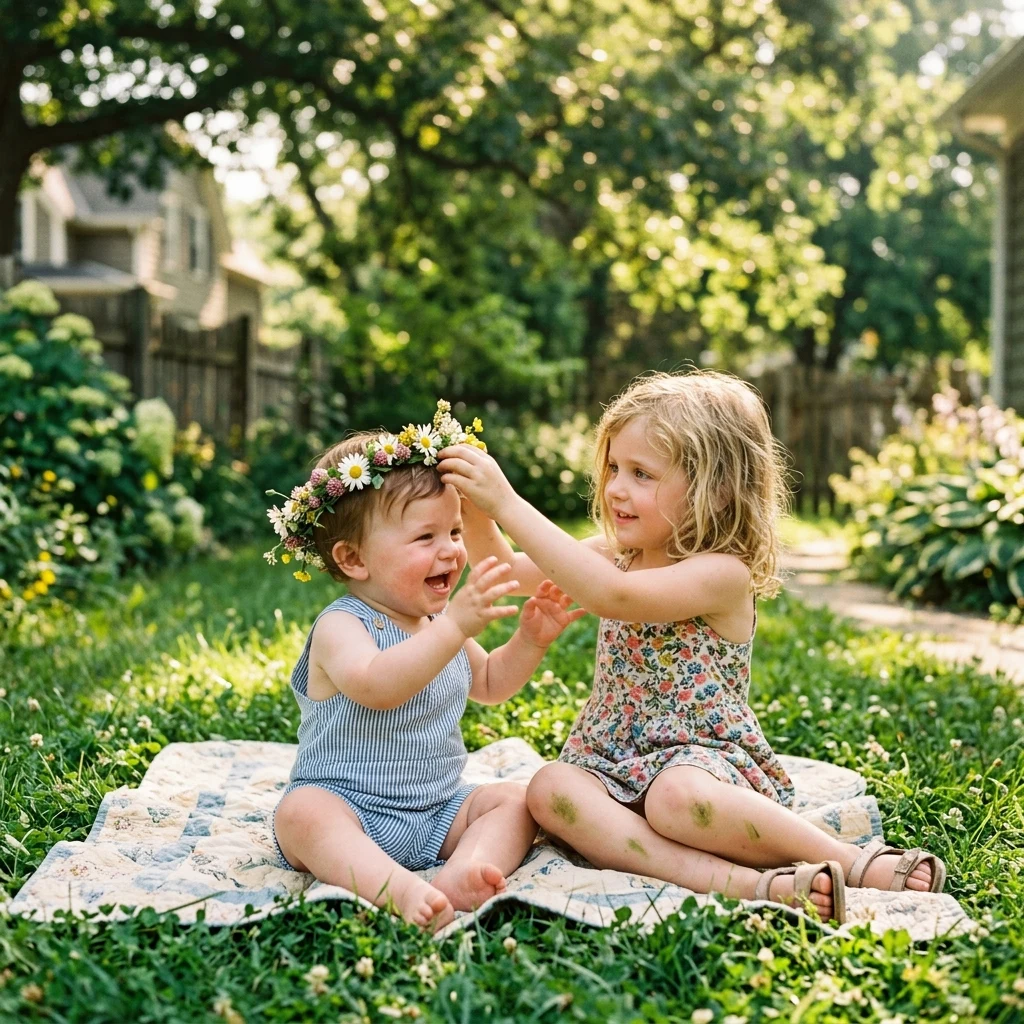 Siblings playing in a sunny garden