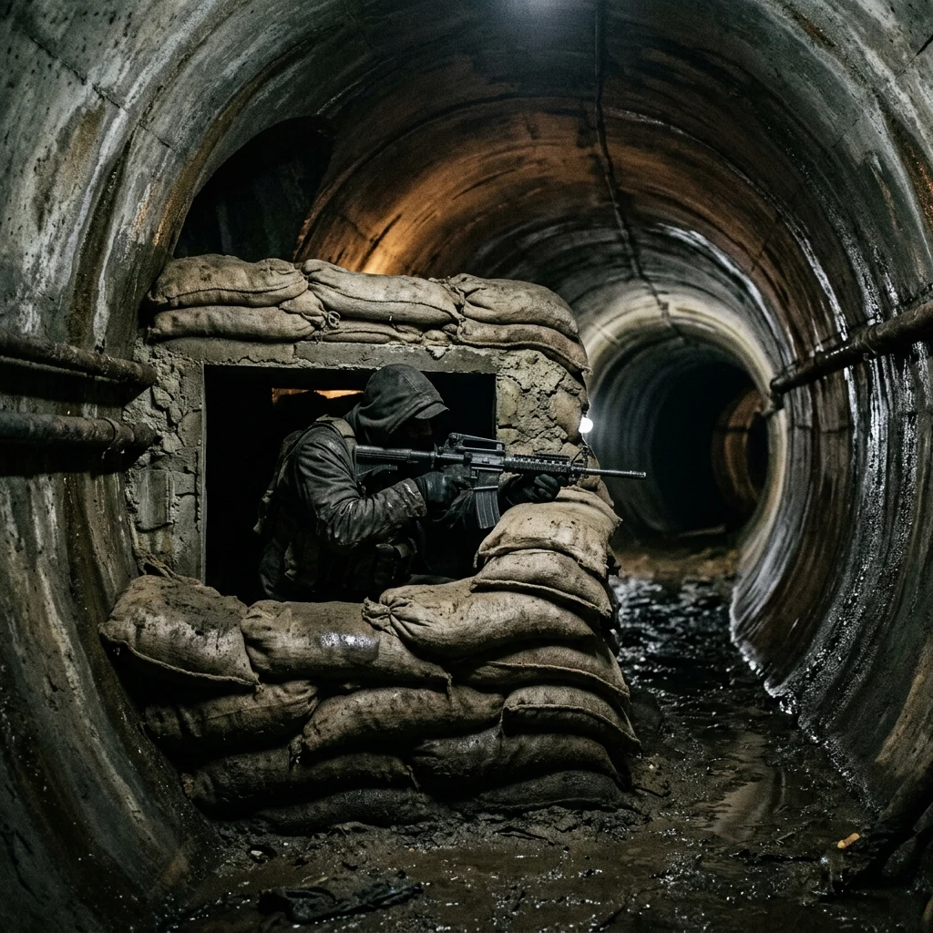 A subterranean sentry post guarding a junction of dark drainage tunnels