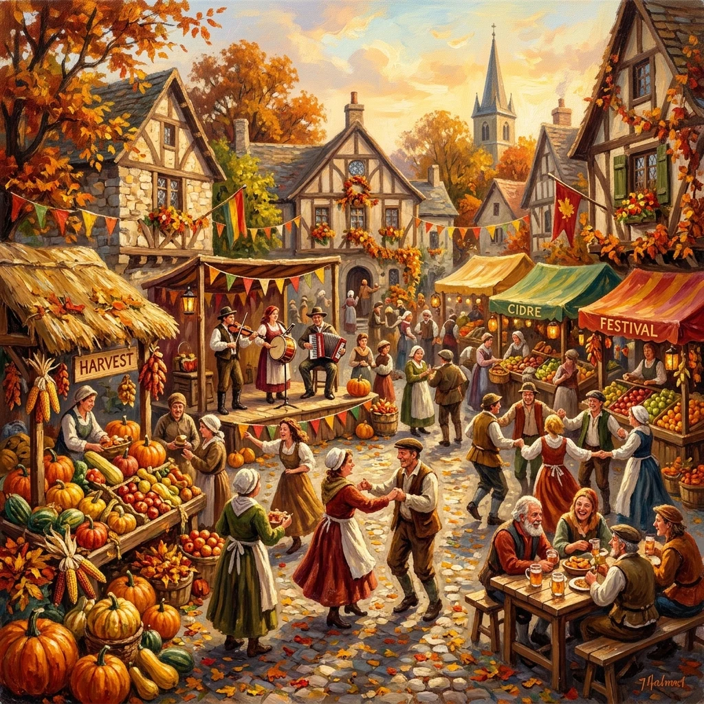 Autumn market stalls in a busy square