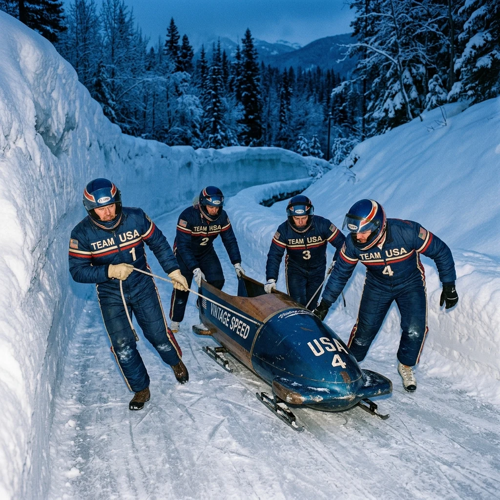 A 1980s bobsled team in matching thick padded nylon racing suits and full-face helmets