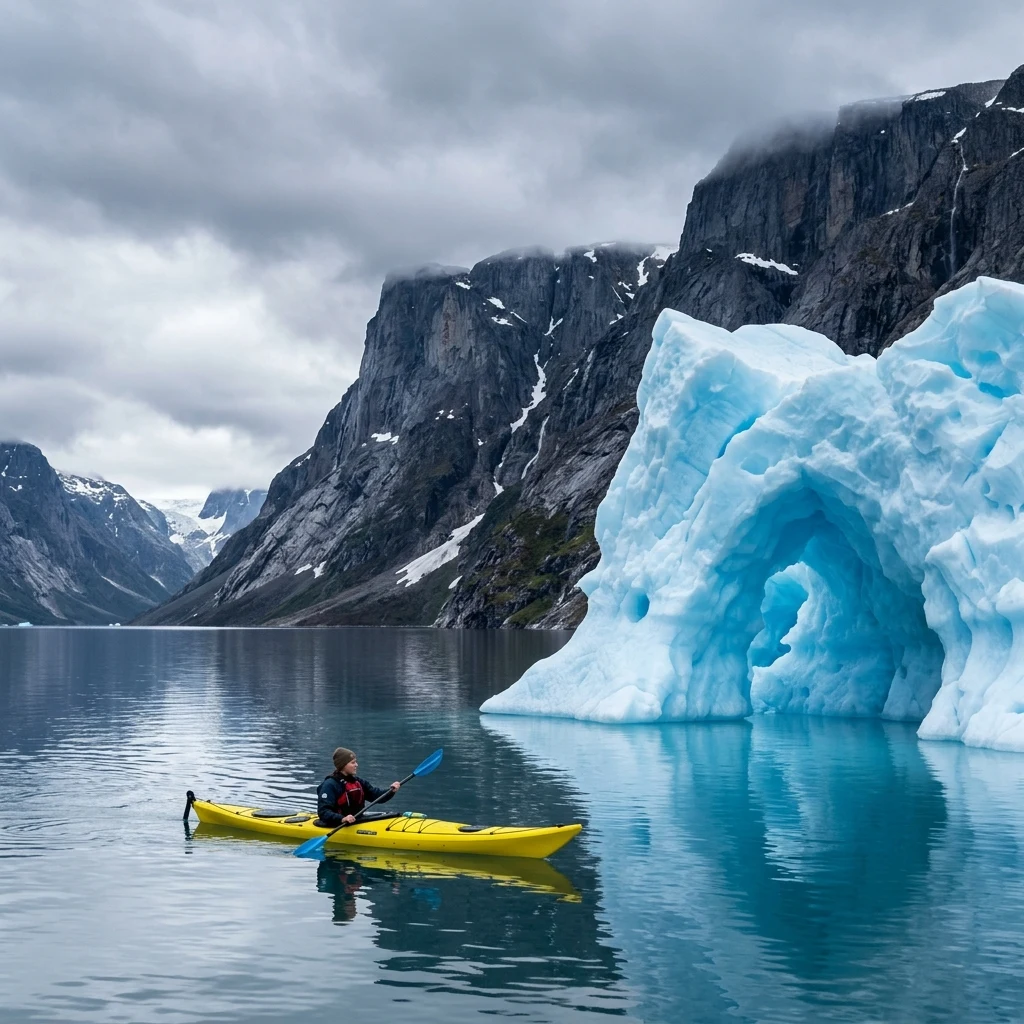A sea kayaker paddling past a massive blue iceberg floating in a fjord beneath the…