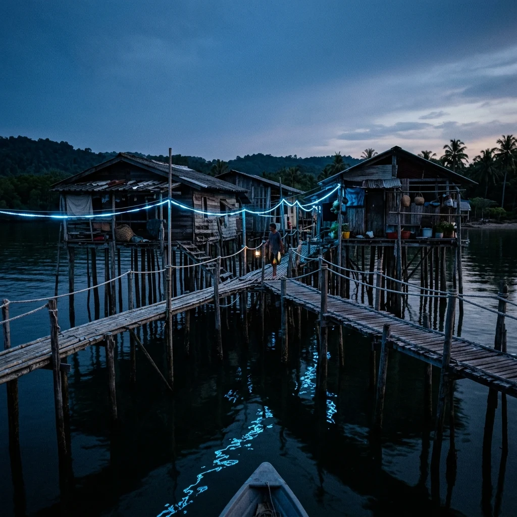 Stilt houses glowing over a tropical lagoon