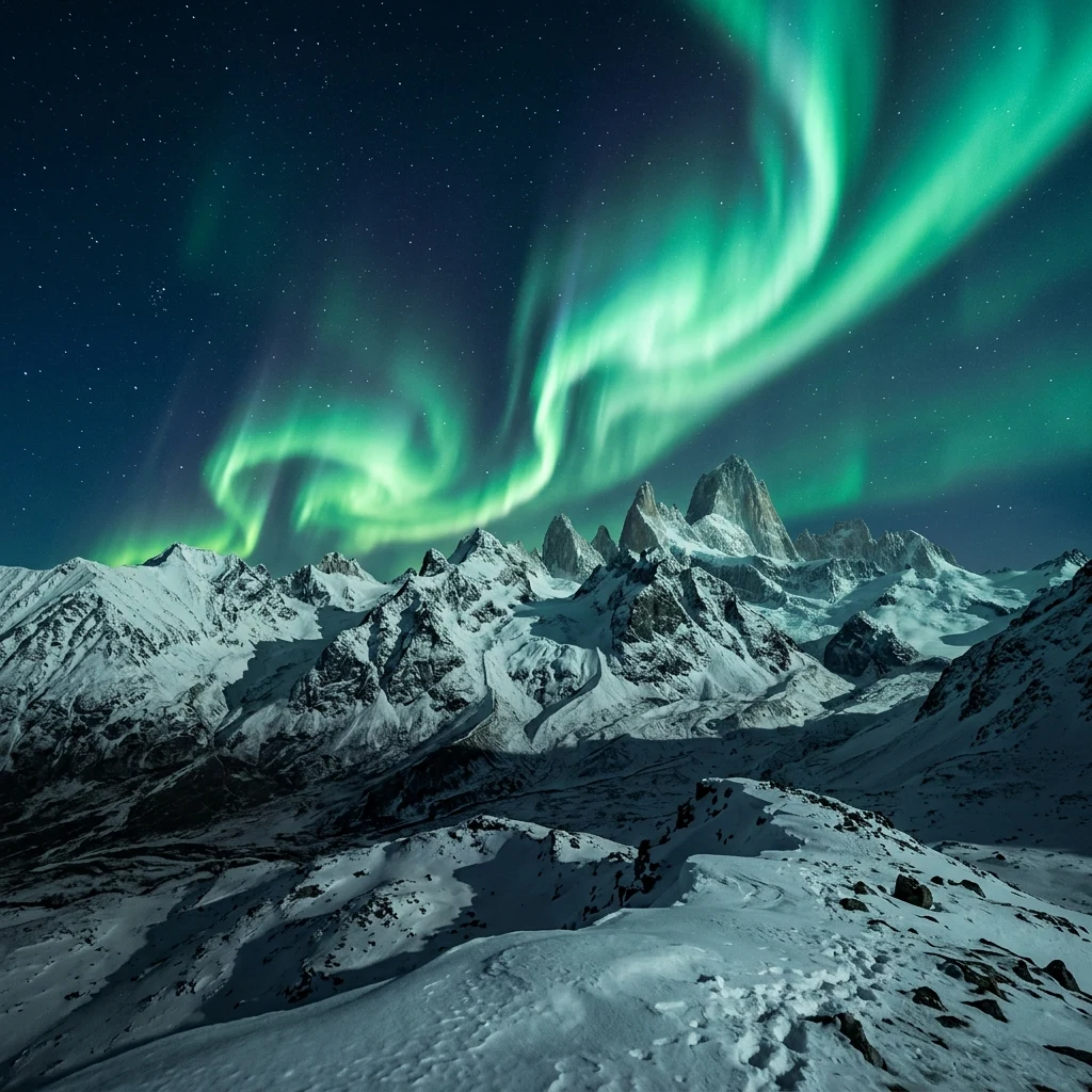Green northern lights swirling over the sharp