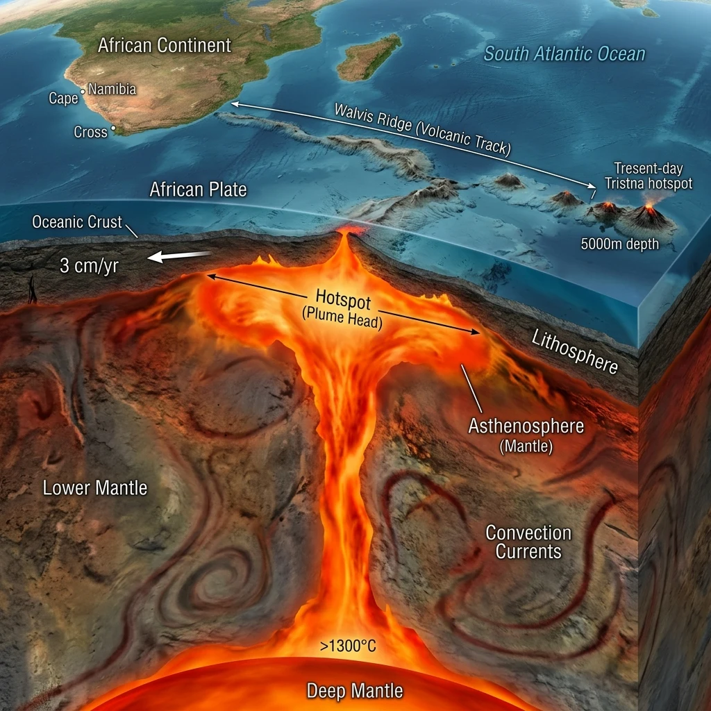 A cutaway Earth diagram showing the Tristan da Cunha mantle plume forming the Walvis…
