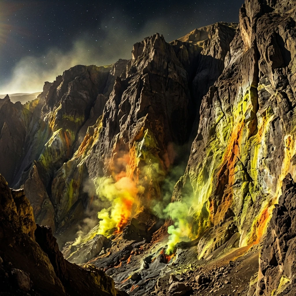 Sulfur plumes from nearby volcanoes casting yellow and green deposits across the sheer