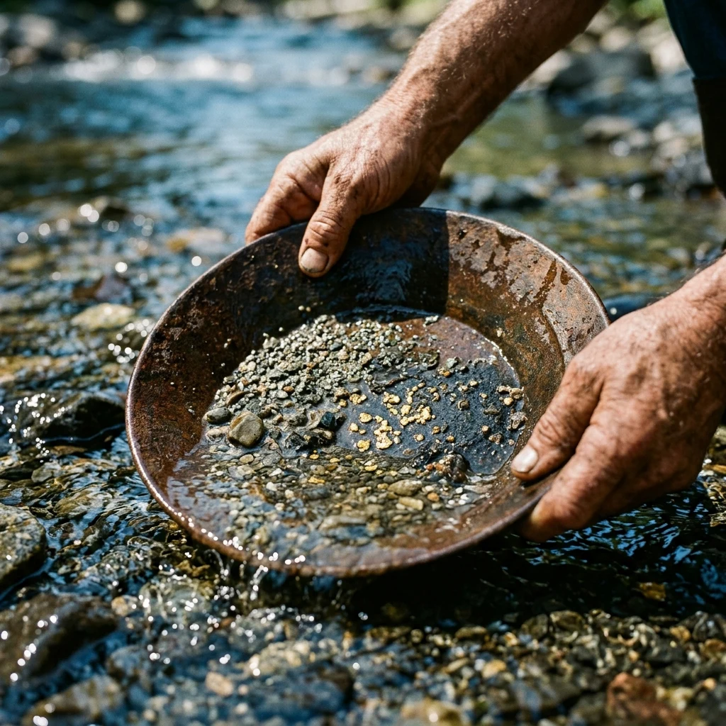 A 1860s gold prospector crouching by a mountain stream with a rusted iron pan